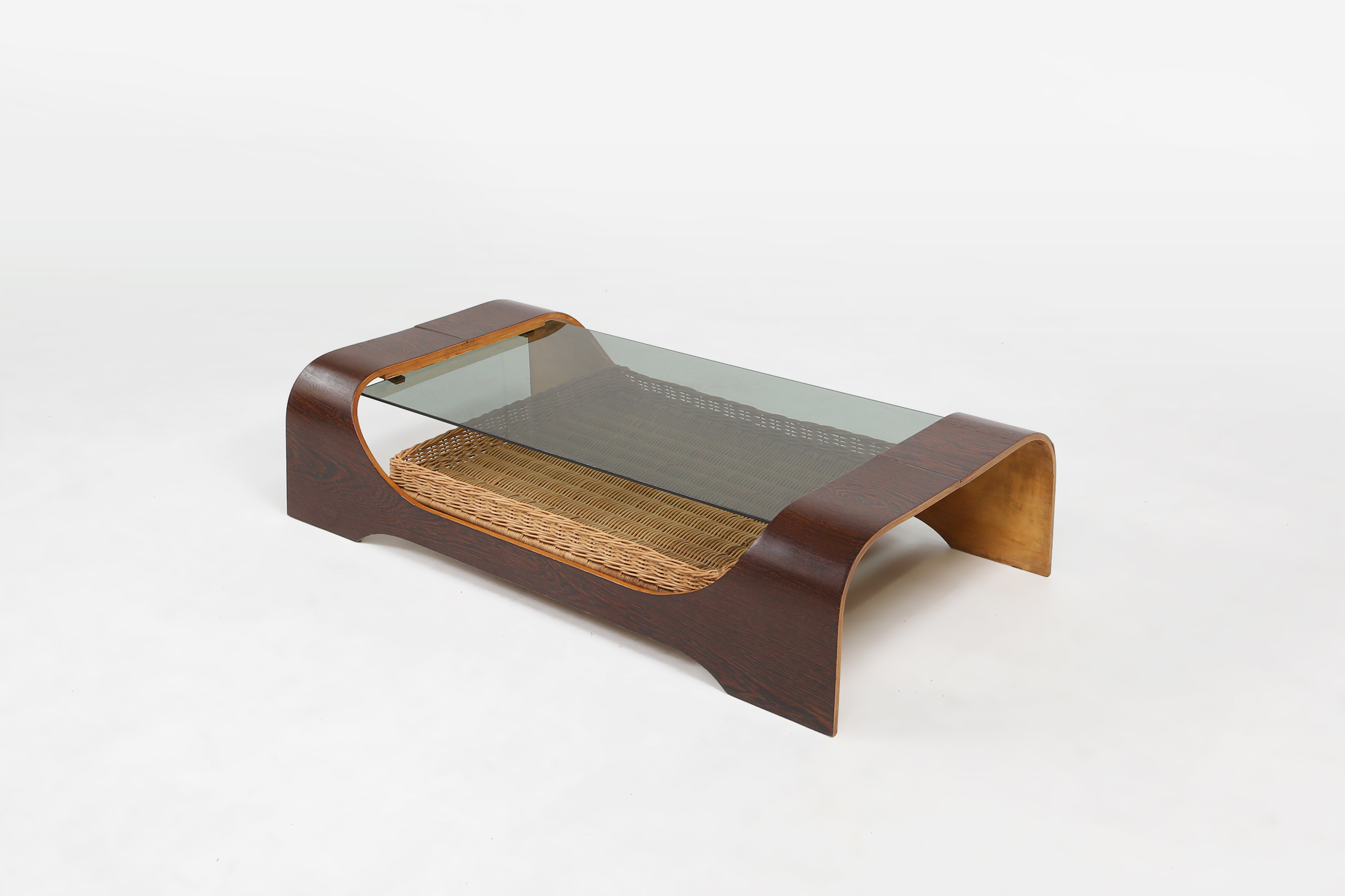 French mid-century coffee table in curved wenge plywood with glass top, 1960sthumbnail